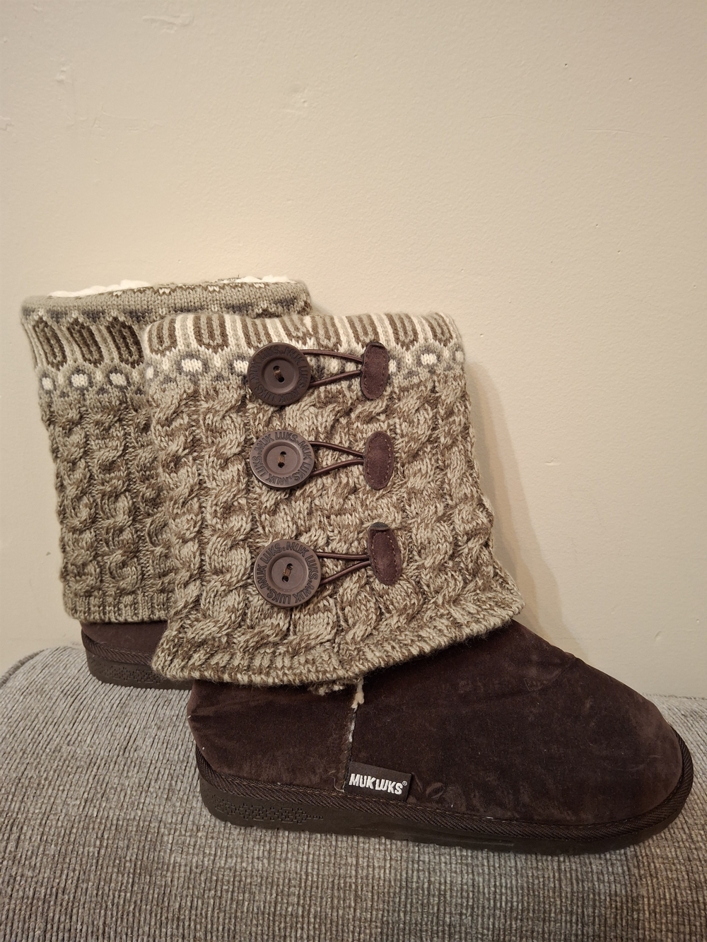 Muk Luks Women's Brown Suede Knit Button Boot